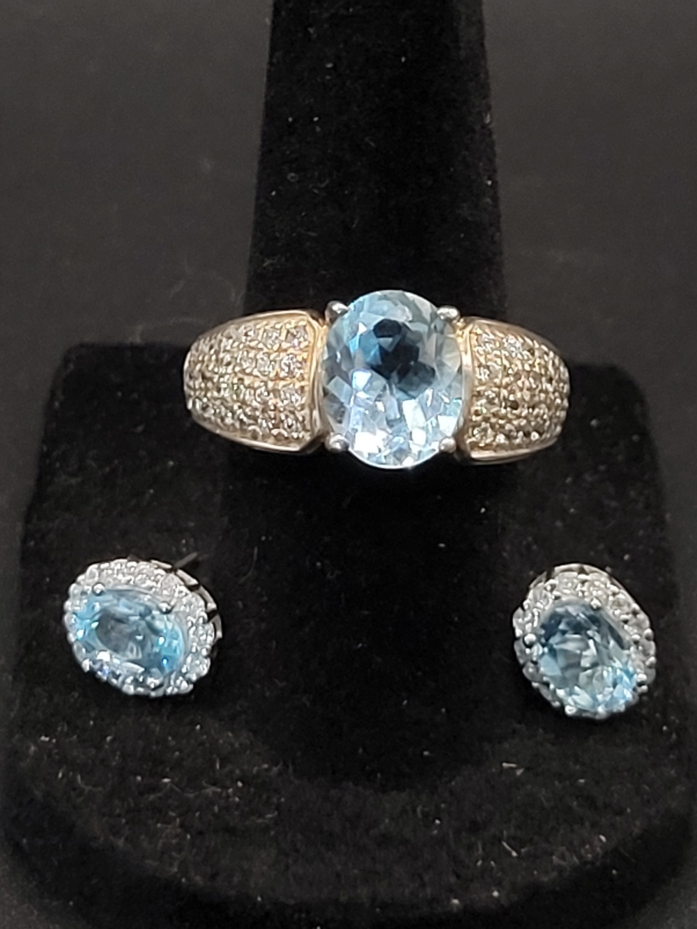 Sterling,Blue Topaz and Cubic Zirconia Ring and Earring Set - Blue